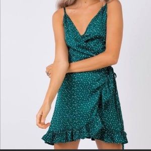 Princess Polly emerald green polka dot wrap dress